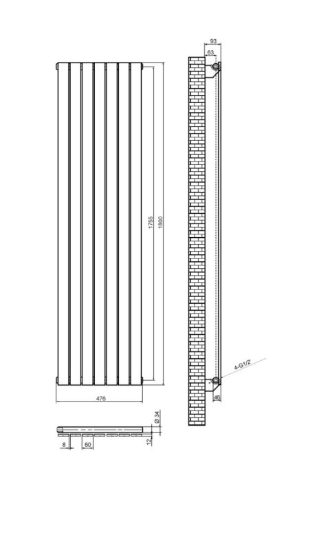 Вертикальный дизайнерский радиатор отопления ARTTIDESIGN Livorno 7/1800/476 чёрный матовий