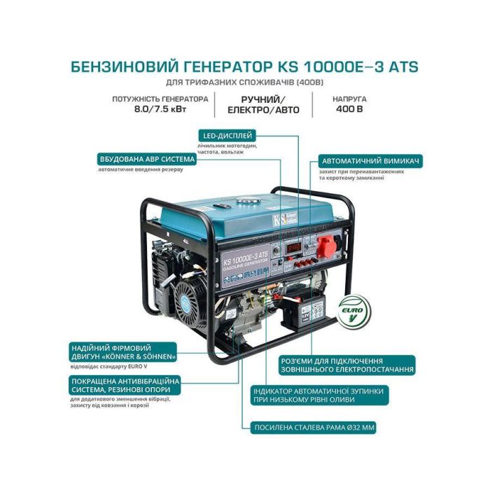 Бензиновый генератор 8 кВт Konner & Sohnen KS 10000E-3 ATS