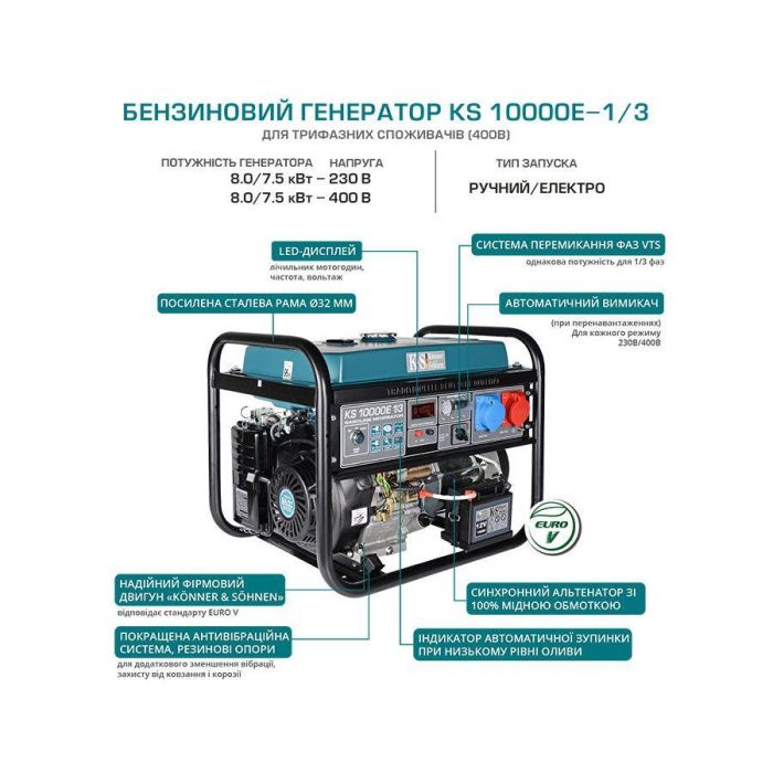 Бензиновый генератор 8 кВт Konner & Sohnen KS 10000E 1/3