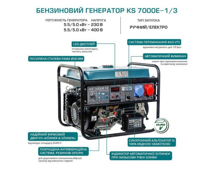 Бензиновый генератор 5,5 кВт Konner & Sohnen KS 7000E 1/3
