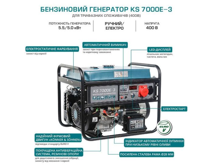 Бензиновый генератор 5,5 кВт Konner&Sohnen KS 7000E-3