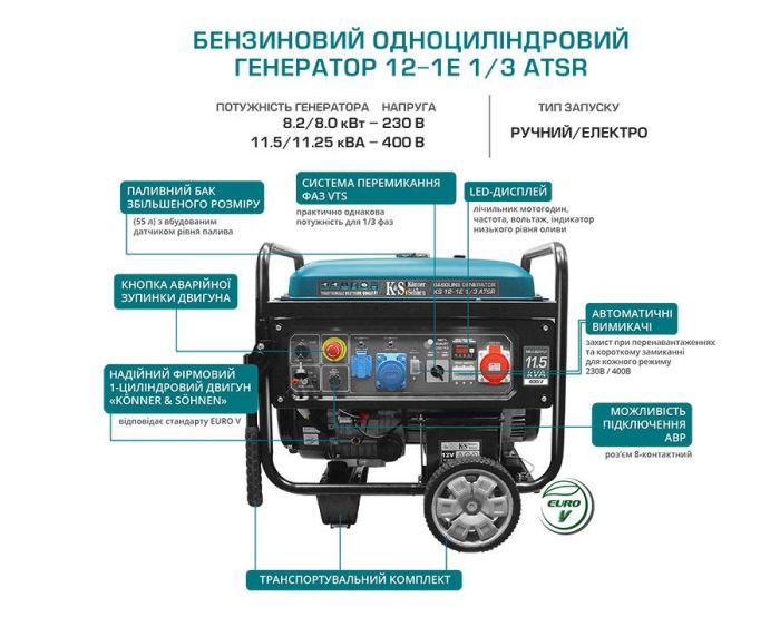 Бензиновый генератор 8,2 кВт Konner&Sohnen KS 12-1E 1/3 ATSR одноцилиндровый