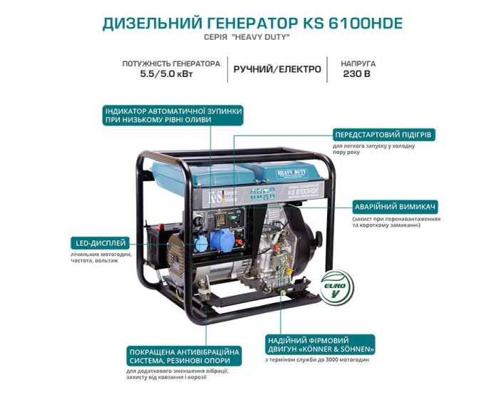 Дизельный генератор 5,5 кВт Konner & Sohnen KS 6100HDE (EURO V)