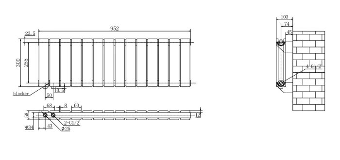 Горизонтальний дизайнерський радіатор опалення ARTTIDESIGN Livorno II G 14/300/952/50 чорний матовий