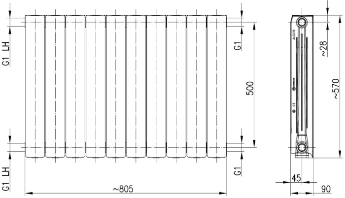 Радиатор GRAPHITE дизайн KFA Armatura ADR 500/10 алюминий (777-100-61)